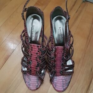Town Shoes Snakeskin Print Leather Strappy Peep Toe Heels Pink Sz 38/ 7.5